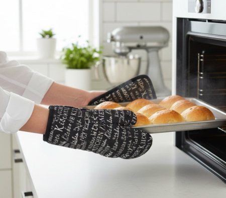 Set manusa si servet termic, pentru bucatarie, bumbac/poliester, model negru cu mesaj [1]