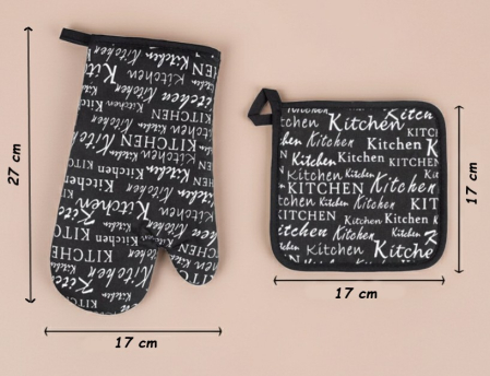 Set manusa si servet termic, pentru bucatarie, bumbac/poliester, model negru cu mesaj [3]