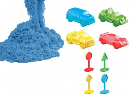 Jocuri si jucarii interactive - Set nisip kinetic albastru si forme de masini