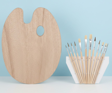Jucarii copii & bebe - Set paleta ovala cu 12 pensule pentru pictura, din lemn, 7 cu varf rotund si 5 cu varf plat, dimensiune paleta 24x30 cm