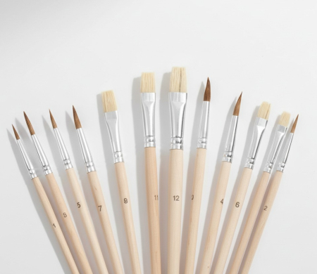 Set paleta ovala cu 12 pensule pentru pictura, din lemn, 7 cu varf rotund si 5 cu varf plat, dimensiune paleta 24x30 cm [1]