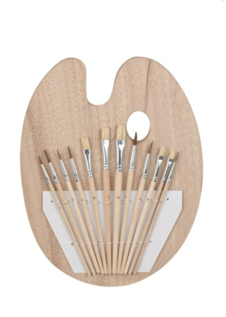 Jocuri si jucarii interactive - Set Pensule Pictura, Varf Rotund si Plat, 13 Piese, Lemn, Paleta Ovala 24x30cm