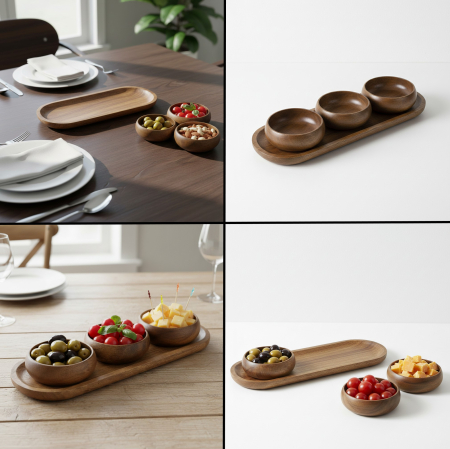 Set platou din lemn cu 3 boluri mici pentru gustari, sosuri sau aperitive, dimensiuni platou 36x13x2 cm, dimensiuni bol Ø10x4 cm, maroniu inchis lemnos [4]