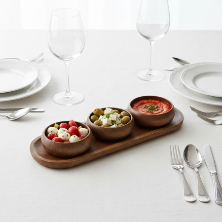Set platou din lemn cu 3 boluri mici pentru gustari, sosuri sau aperitive, dimensiuni platou 36x13x2 cm, dimensiuni bol Ø10x4 cm, maroniu inchis lemnos [2]