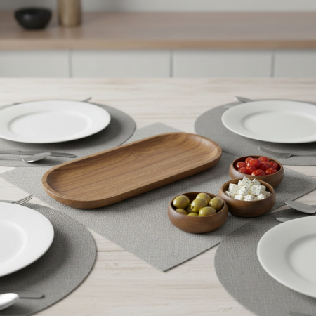 Set platou din lemn cu 3 boluri mici pentru gustari, sosuri sau aperitive, dimensiuni platou 36x13x2 cm, dimensiuni bol Ø10x4 cm, maroniu inchis lemnos [3]