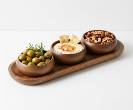 Toate produsele - Set platou din lemn cu 3 boluri mici pentru gustari, sosuri sau aperitive, dimensiuni platou 36x13x2 cm, dimensiuni bol Ø10x4 cm, maroniu inchis lemnos