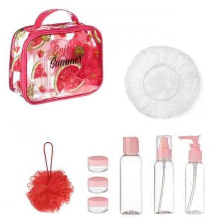 Organizare cosmetice si bijuterii - Set recipiente calatorie pentru cosmetice cu portfard, 8 bucati