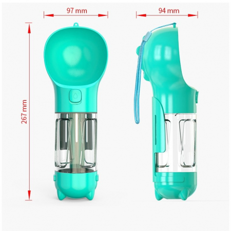 Sticla portabila 4 in 1, pentru caini, cu 3 compartimente + lopatica, 300ml, apa, hrana, pungi igienice, 26.7 x 9.7 x 9.4 cm, turcoaz [7]