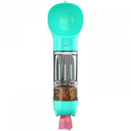 Accesorii animale - Sticla portabila 4 in 1, pentru caini, cu 3 compartimente + lopatica, 300ml, apa, hrana, pungi igienice, 26.7 x 9.7 x 9.4 cm, turcoaz