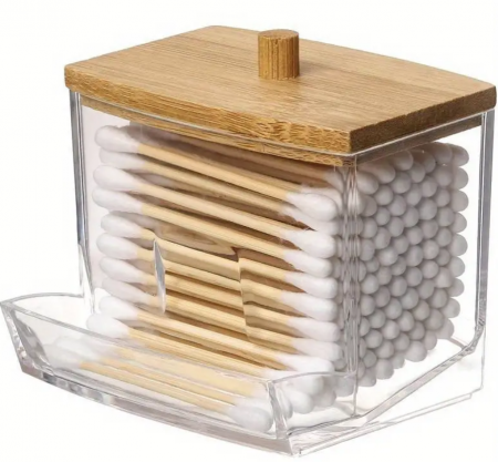 Baie - Suport acrilic pentru betisoare igienice,  capac din bambus, 9x7x7 cm