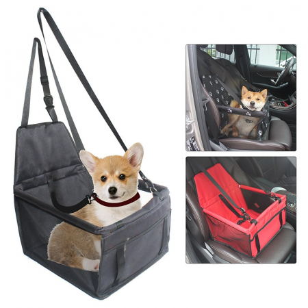 Accesorii animale - Suport auto pentru animalele cu prindere de scaun si centura de siguranta, negru cu Imprimeu, 40x32x42cm