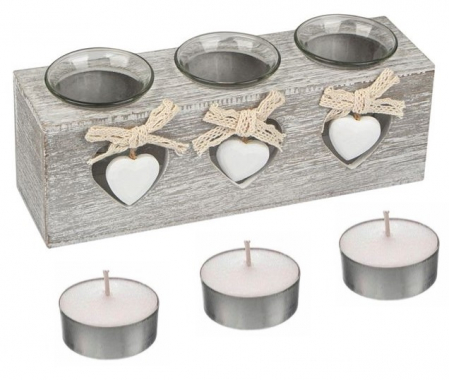 Flori artificiale si decoratiuni - Suport decorativ din lemn cu 3 lumanari tip pastila incluse, 24x7x8 cm
