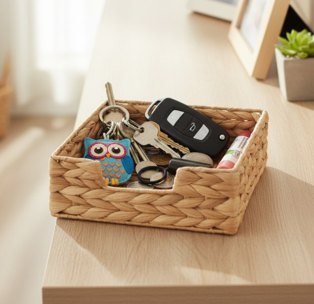 Suport decorativ impletit, fibre lemn, cadru metalic, 18x18x7 cm, pentru servetele, organizare bucatarie, baie, birou, hol sau camera de zi [2]