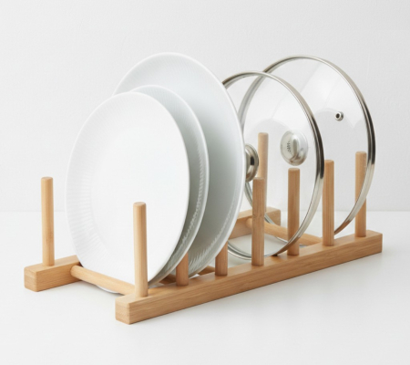 Home & Deco - Suport din bambus, pentru farfurii sau capace, 27.5x12x8.5 cm, cu 6 spatii pentru depozitare