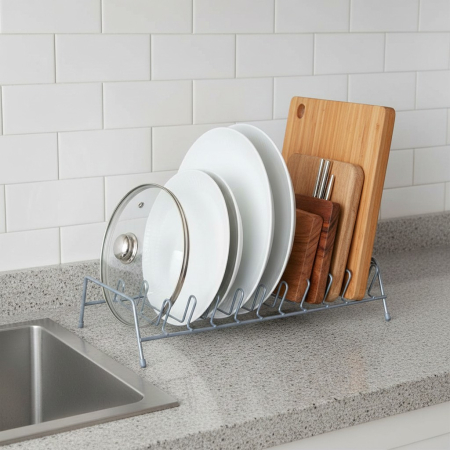 Toate produsele - Suport din otel, tip scurgator pentru farfurii, capace si tocatoare, 33 x 15 x 12 cm, organizator stabil pentru depozitare vesela in bucatarie