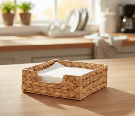 Baie - Suport decorativ impletit, fibre lemn, cadru metalic, 18x18x7 cm, pentru servetele, organizare bucatarie, baie, birou, hol sau camera de zi