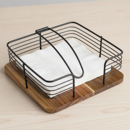 Bucatarie si servire - Suport servetele metalic si baza de lemn, 14,5x12x5cm
