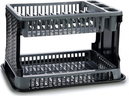 Bucatarie si servire - Suport vase cu 2 nivele din plastic, negru-gri, 42x25x28 cm