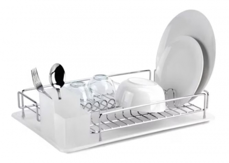 Bucatarie si servire - Suport vase si tacamuri din inox cu tava de scurgere, alb, 35x44x10 cm