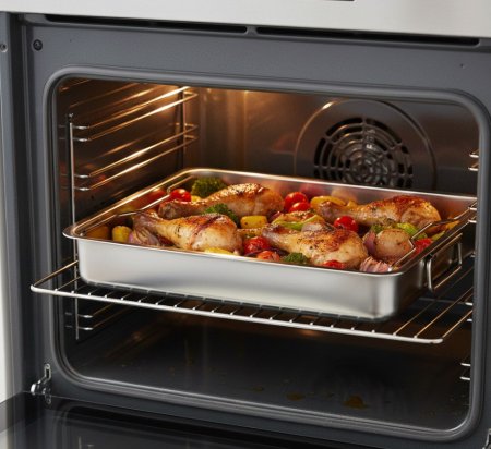 Home & Deco - Tava din inox cu gratar, pentru cuptor – gatire uniforma, mai sanatos, mai curat,  40x32x7 cm