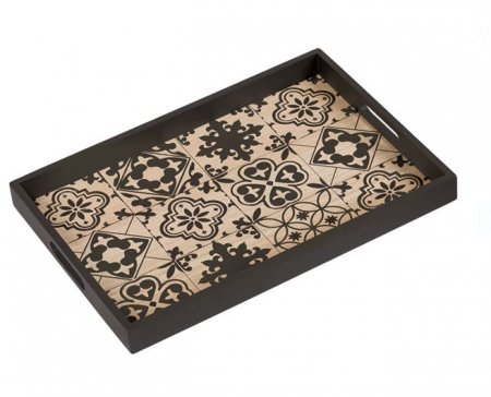 Bucatarie si servire - Tava de servire din lemn, cu manere, imprimeu negru, 41x28x3 cm