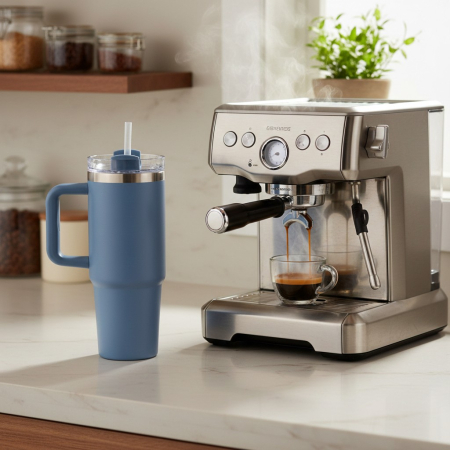 Termos modern, tip pahar cu pai, otel inoxidabil, albastru, 900 ml, Ø9x24 cm, cu maner lat, pastreaza bauturile calde pana la 6 ore si reci pana la 12 ore, capac etans cu filet [2]