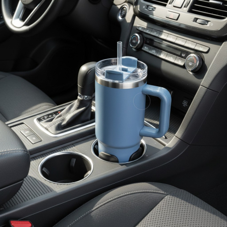 Termos modern, tip pahar cu pai, otel inoxidabil, albastru, 900 ml, Ø9x24 cm, cu maner lat, pastreaza bauturile calde pana la 6 ore si reci pana la 12 ore, capac etans cu filet [1]