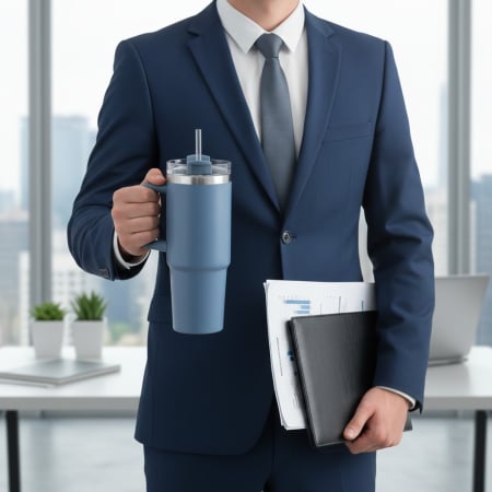 Bucatarie si servire - Termos modern, tip pahar cu pai, otel inoxidabil, albastru, 900 ml, Ø9x24 cm, cu maner lat, pastreaza bauturile calde pana la 6 ore si reci pana la 12 ore, capac etans cu filet