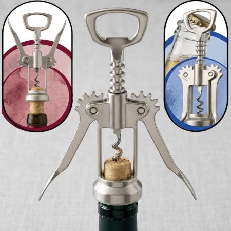 Bucatarie si servire - Tirbuson 2 in 1, din inox, pentru deschiderea sticlelor de vin si bere, pentru uz casnic, bar, restaurant, calatorii, 17 cm