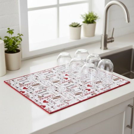 Home & Deco - Uscator de vase si pahare, tip prosop absorbant, alb/rosu, 50x39 cm