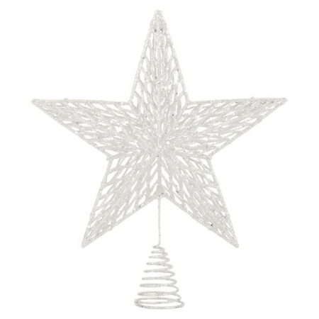 Toate produsele - Varf de brad 3D, Stea perforata, sclipici alb, 33cm