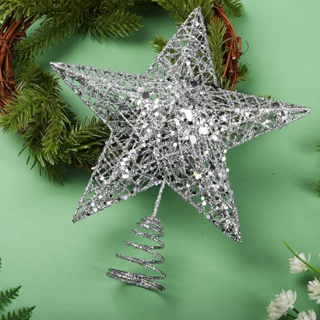 Craciun – Decoratiuni, costume si accesorii festive - Varf de brad 3D, Stea perforata, sclipici argintiu, 33cm