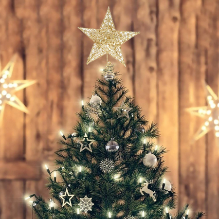 Craciun – Decoratiuni, costume si accesorii festive - Varf de brad 3D, Stea perforata, sclipici auriu,  33cm