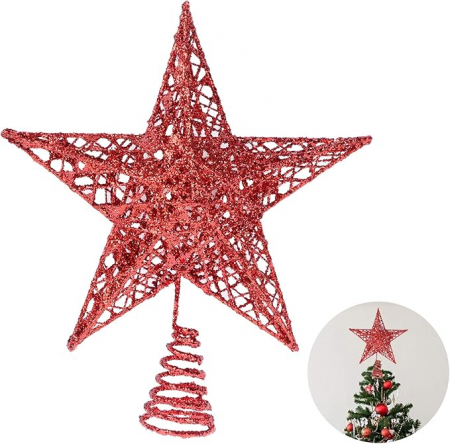 Toate produsele - Varf de brad 3D, Stea perforata, sclipici rosu, 33cm