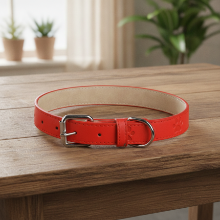 Zgarda rosie, pentru caini de talie mare, imprimeu labute, piele ecologica, 60x2.5 cm [2]