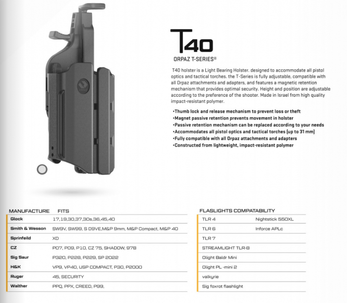 Toc T40XS pentru Glock 17, 19 cu lanterna pana la 2,54cm , OWB , Level II Retention [4]