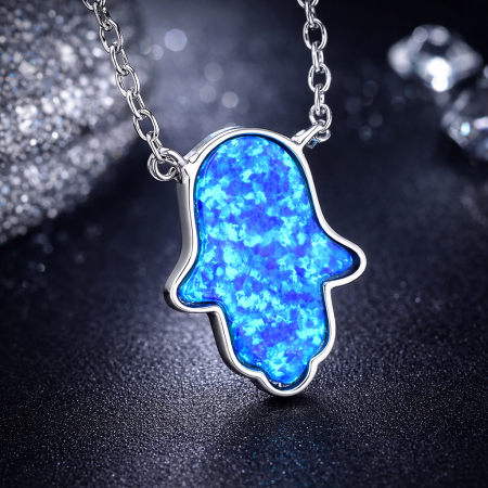 Coliere argint - Colier argint rodiat Hamsa Opal