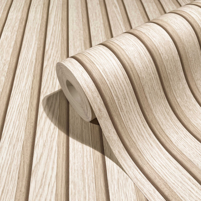 Tapet riflaj de lemn crem vlies aspect 3D panou decorativ stil scandinav lamele de lemn 10,05 x 0.53 cm [1]