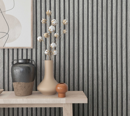 Tapet riflaj de lemn gri inchis vlies aspect 3D panou decorativ stil scandinav lamele de lemn 10,05 x 0.53 cm [2]