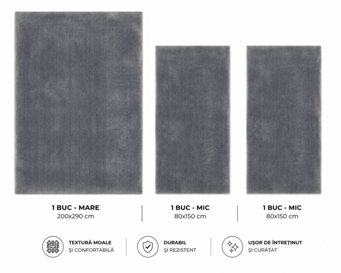 Covor Belgian din Microfibra, Model  Sky 71301/070 Lavabil, Fir moale, Gri Set 80 x 150-2 buc/ 200x290 -1 buc [2]