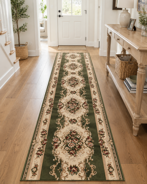 Traversa Hol, Model 574/310, Latime 100 cm, Crem/Verde, Festonata la capete [3]