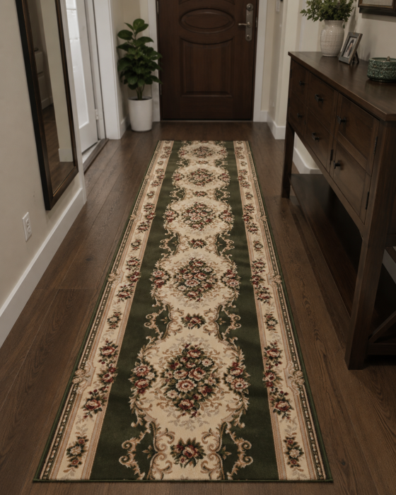Traversa Hol, Model Clasic 574/310, Traversa Latime 80 cm, Verde/Crem, Festonata la capete [4]