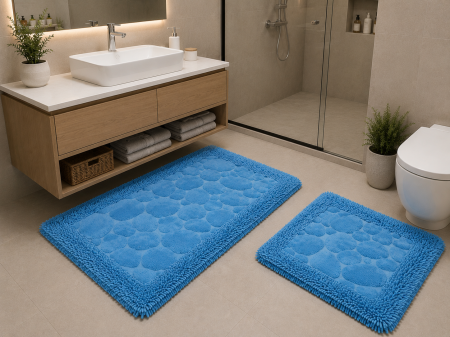 Covorase Baie - Covor baie, Pietre Albastru, Covor 100% Bumbac, Dimensiunea 60x100/50x80 cm