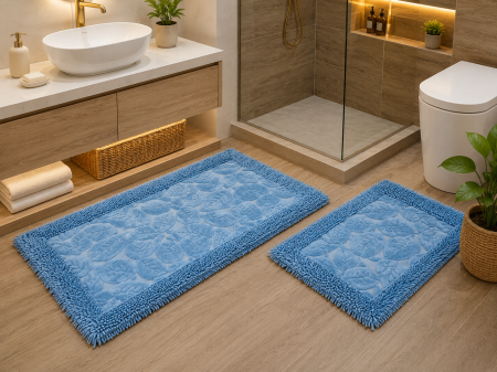 Covorase Baie - Set Covor baie, Leaves, Covor 100% Bumbac, Dimensiunea 60x100/50x80 cm, Albastru