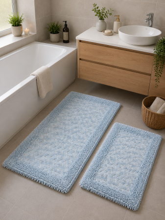 Covorase Baie - Covor baie, Rombs Albastru, Covor 100% Bumbac, Dimensiunea 60x100/50x80 cm