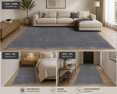 Covoare Dormitor - Covor Belgian din Microfibra, Model  Sky 71301/070 Lavabil, Fir moale, Gri Set 80 x 150-2 buc/ 200x290 -1 buc