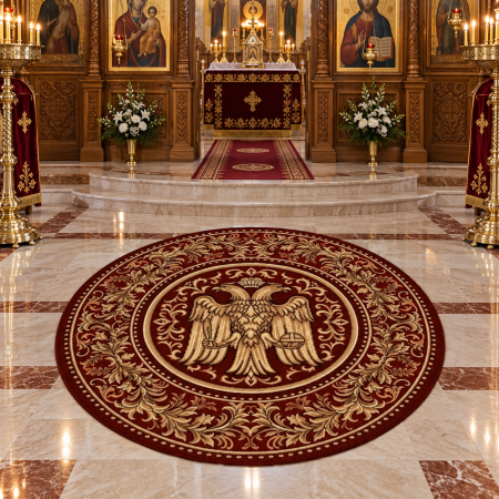 Covoare Bisericesti - Covor Bisericesc Rotund cu Vultur Bicefal, Roșu-Grena – Pentru Altar și Biserică, Model 15032/210