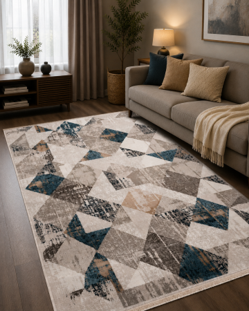 Covoare Dormitor - Covor Geometric Living Akropolis 225 Crem/Albastru