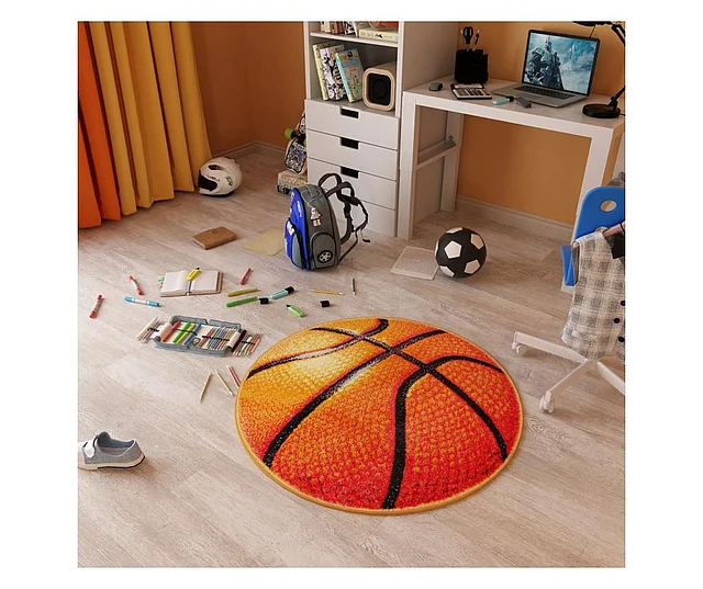 Covoare camera copii - Covor Rotund Camera Copii Model Basketball 11189-160, Portocaliu, Inaltime Fir 9 mm, Antialergic, Polipropilena, Gradinita, Cresa, Loc de Joaca