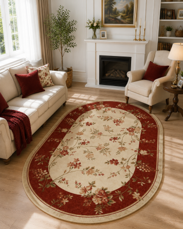 Covoare clasice - Covor Living/ Dormitor, Model 551/120 Oval, Rosu Grena/ Crem